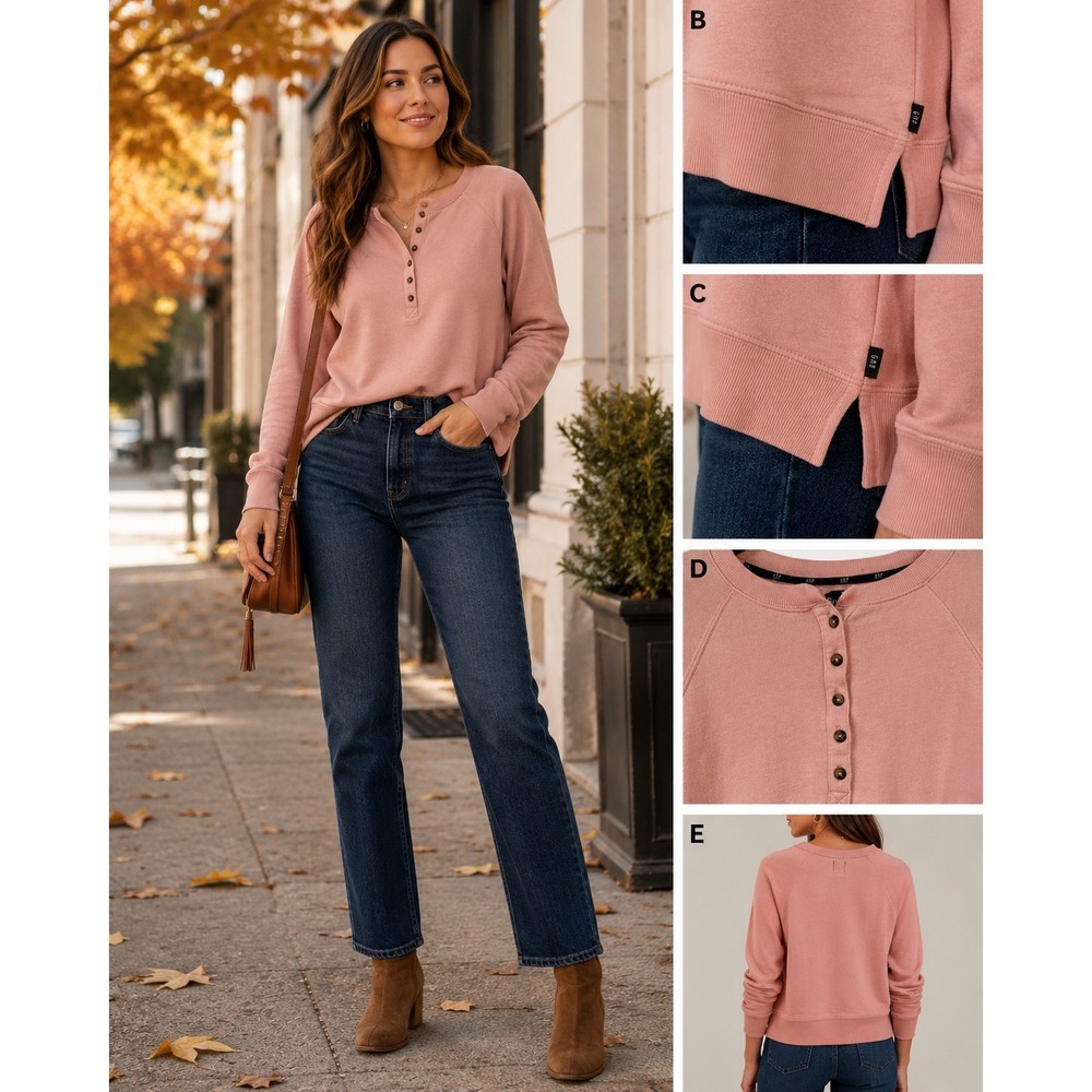 GAP Henley Sweatshirt Women Peach Pink Cotton Raglan Y2K Relaxed Pullover